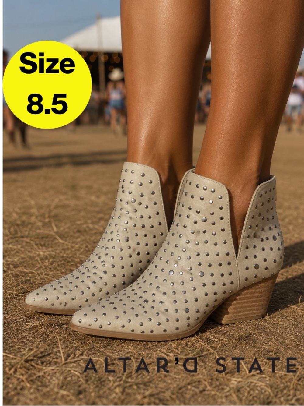 ALTAR’D STATE 🩶 Cowboy Ankle Booties- Silver Studded, Pointed Toe (Women’s 8.5)